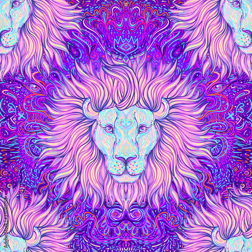 Ornate seamless pattern with lion head. African, Indian, totem, tattoo, sticker design. Design of t-shirt, bag, postcard and posters. Vector isolated illustration in bright neon colors. Zodiac sign