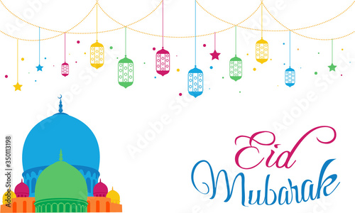Eid Mubarak colorful  vector illustration with beautiful and awesome design, Islamic lantern with mosque design in Eid Mubarak background. Stars light with decoration and celebration
