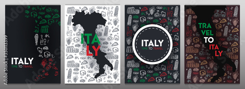 Set of Travel to Italy banners. Doodle hand drawn background. Vector illustration.