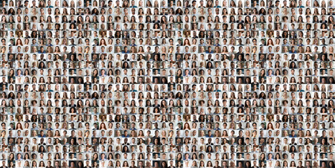 Hundreds of multiracial people crowd portraits headshots collection, collage mosaic. Many lot of multicultural different male and female smiling faces looking at camera. Diversity and society concept.