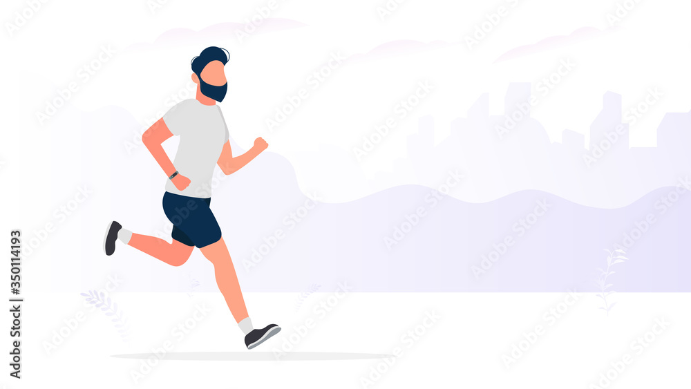 Sports banner with place for text. A guy in shorts and a shirt is running. Isolated. Vector.