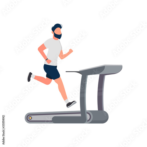 The guy on the treadmill. A man in shorts and a T-shirt runs on a simulator. Isolated. Vector.