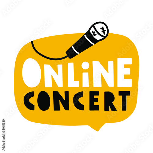 Online concert. Speech bubble with microphone. Vector hand drawn illustration on white background.