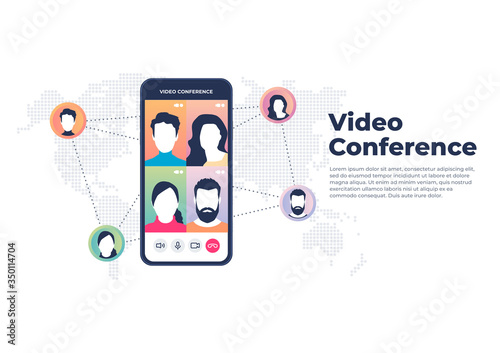 World wide video conference on mobile concept. Videoconferencing and online meeting banner.