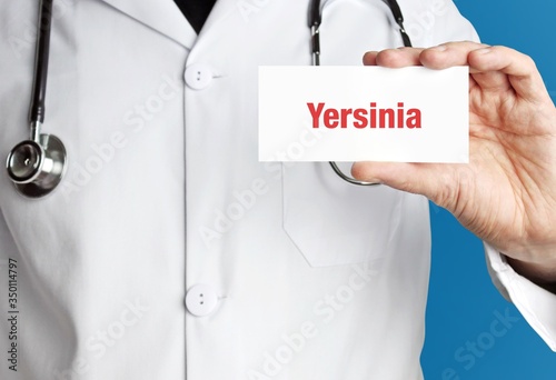 Yersinia. Doktor mit Stethoskop (isoliert) zeigt Karte. Hand hält Schild mit Text. Blauer Hintergrund. Medizin, Gesundheitswesen photo