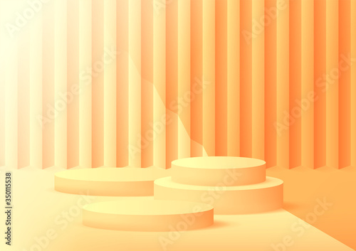 Empty podium studio orange background for product display with copy space. Showroom shoot render. Banner background for advertise product