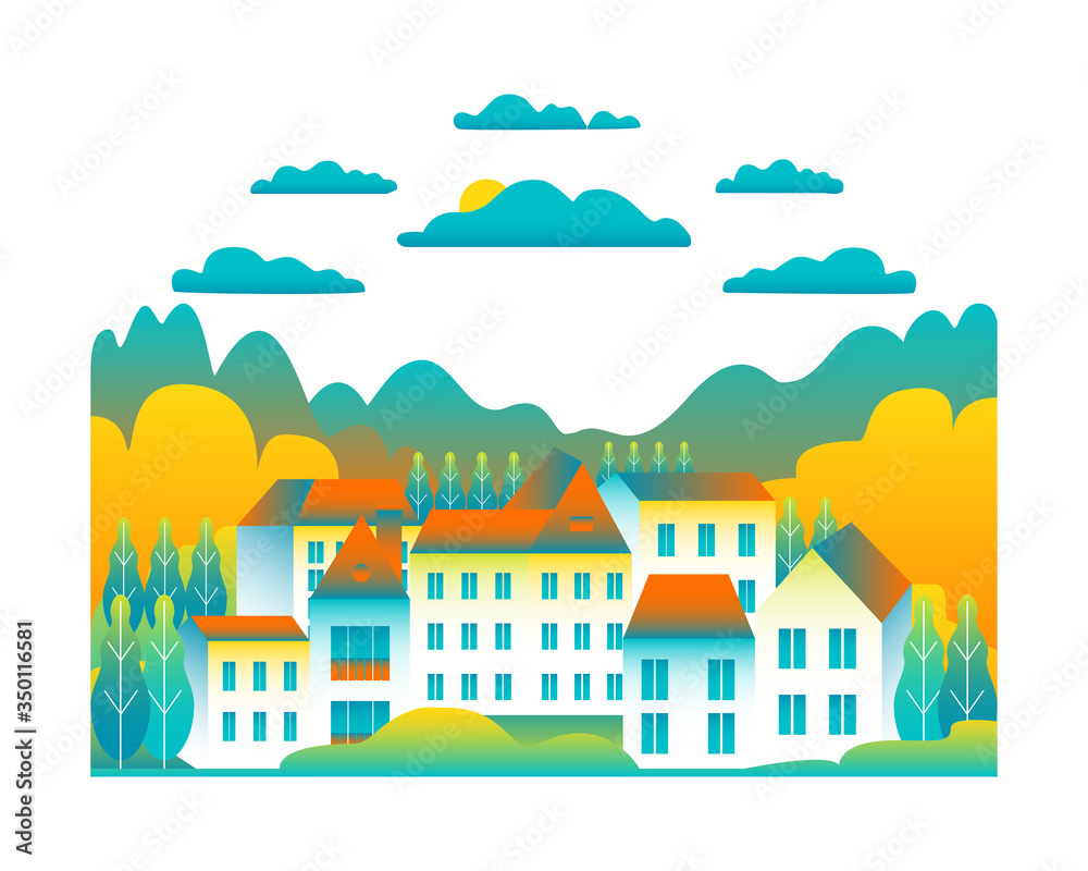 City landscape isolated on white background in flat style design icons. Nature with house, building, street, trees, cloud, hills, montains cartoon vector illustration. Blue yellow colors