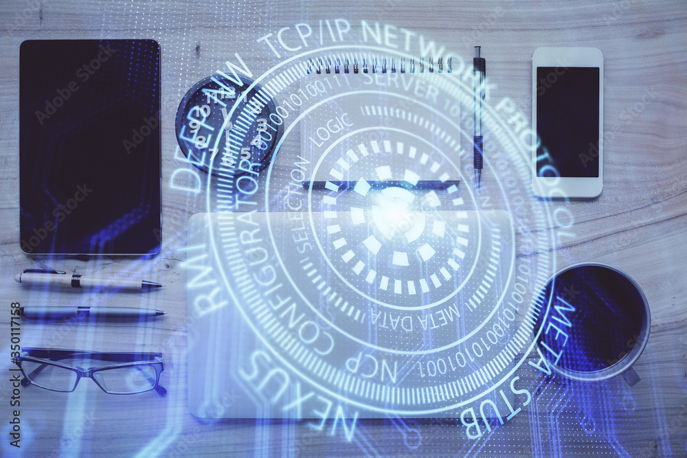 Multi exposure of technology theme drawing over work table desktop. Top view. Global data analysis concept. Multi exposure of technology theme drawing over work table desktop. Top view. Global data analysis concept.