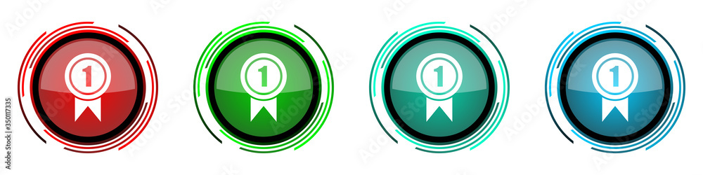Victory round glossy vector icons, first, winner set of buttons for webdesign, internet and mobile phone applications in four colors options isolated on white background Victory round glossy vector icons, first, winner set of buttons for webdesign, internet and mobile phone applications in four colors options isolated on white background