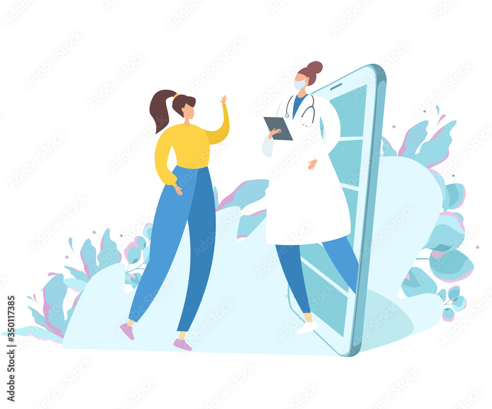 Flat vector illustration. The doctor conducts an online consultation. A girl calls a doctor on a video call.