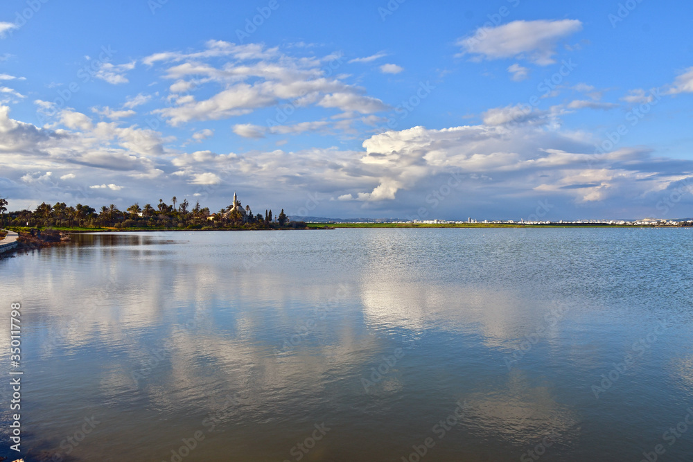 Fototapeta premium A view of Hala Sultan Tekke in Larnaca, Cyprus, with reflection in the Salt Lake.