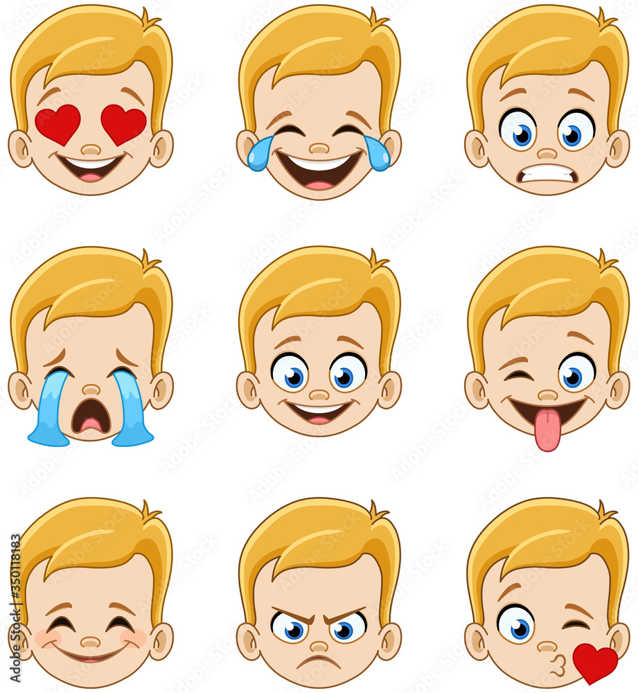 Emoji face expressions collection of a young blond boy with blue eyes Emoji face expressions collection of a young blond boy with blue eyes