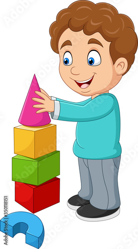 Cartoon boy playing with building blocks