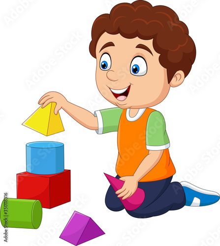 Cartoon boy playing with building blocks