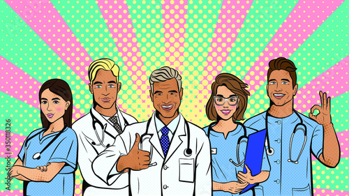 Doctors in pop art style. Vector background in comic style retro pop art. Illustration for print advertising and web.
