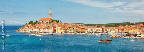 Vászonkép Panoramic view to Rovinj old town, popular tourist destination in Croatia