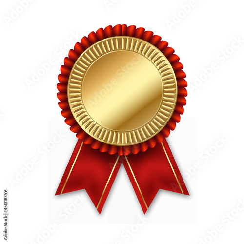 Gold badge medal rosette with red ribbon, isolated on white background. Vector illustration. EPS 10.