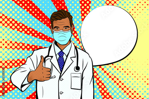Doctor in pop art style. Vector background in comic style retro pop art. Illustration for print advertising and web.