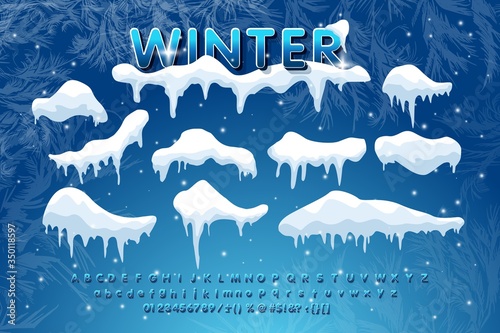 A set of isolated snow caps. Snow elements on a winter background. Vector template in cartoon style for your design. Christmas, snow texture, white elements, festive vector snow with winter alphabet.