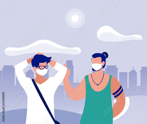 Men with masks at park in front of city buildings vector design
