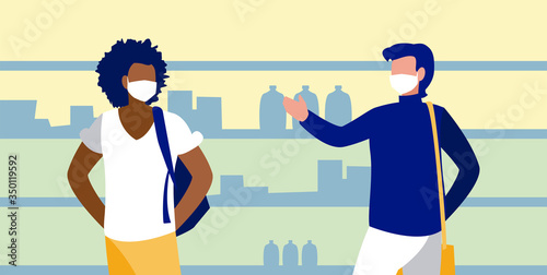Men with masks in the supermarket in front of shelves vector design