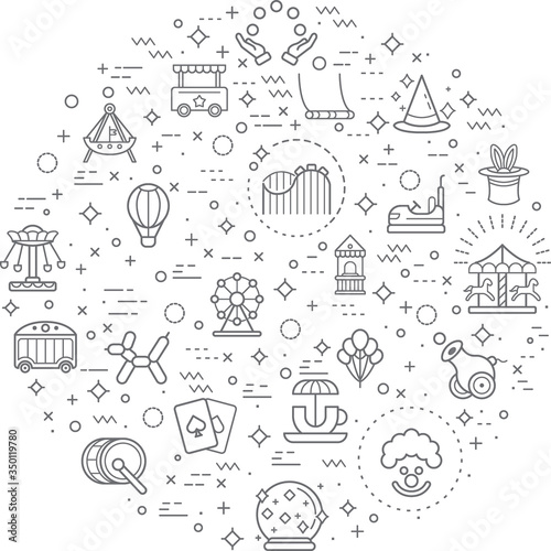 Simple Set of carnival and amusement park Related Vector Line Illustration. Contains such Icons as park, playground, rides, roller coaster and Other Elements. 