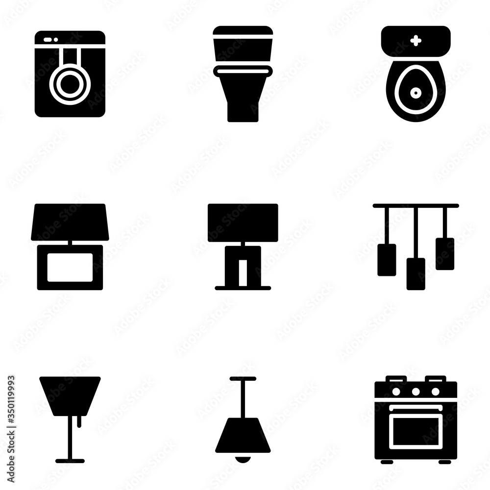Furniture and decoration icon set include washing machine,bathroom,table lamp,lighting,chandelier,stove Furniture and decoration icon set include washing machine,bathroom,table lamp,lighting,chandelier,stove