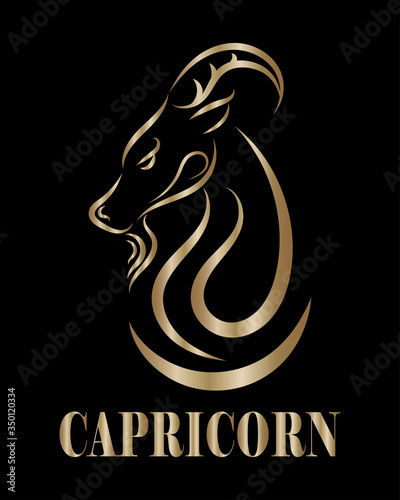 Golden line vector logo of goat head. It is sign of capricorn zodiac.