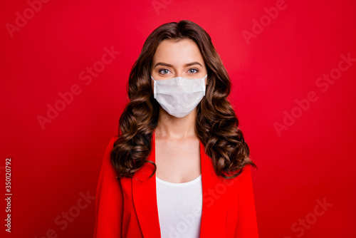 Closeup photo of pretty charming business lady workaholic company seo work in spite of quarantine wear formalwear jacket suit protective mask isolated red background