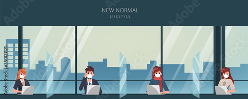 Business office people maintain social distancing meeting room. Stop covid-19 coronavirus. New normal lifestyle in job.