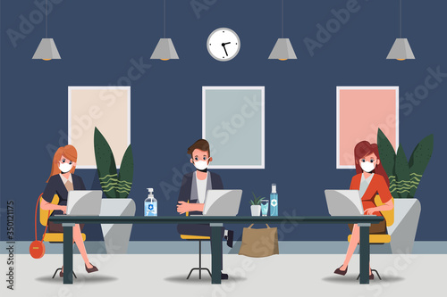 Business office people maintain social distancing meeting room. Stop covid-19 coronavirus. New normal lifestyle in job.