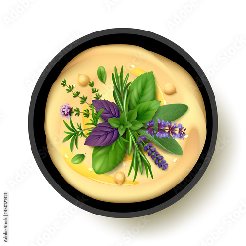 Hummus plate with whole chickpeas and fresh herbs de Provence. Top view. Isolated on white background. Realistic vector illustration