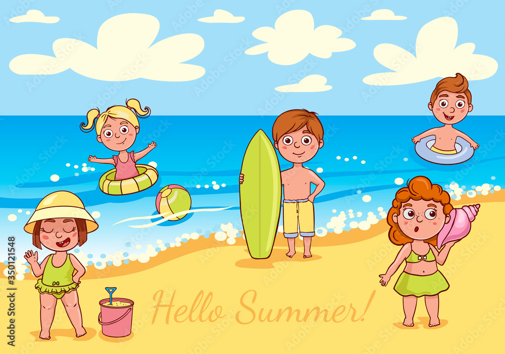 Simple flat illustration of kids on the beach. Cheerful boys and girls are swimming in the sea. 