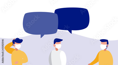 men with medical mask, precautions by coronavirus, social distancing