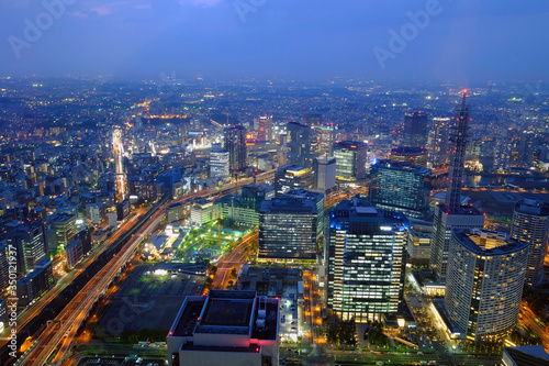 Aerial view of Yokohama city at night, Japan © North