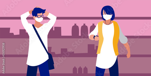 Men with masks in the supermarket in front of shelves vector design