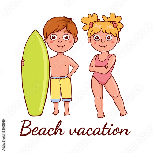  Simple flat illustration of kids on the beach. 