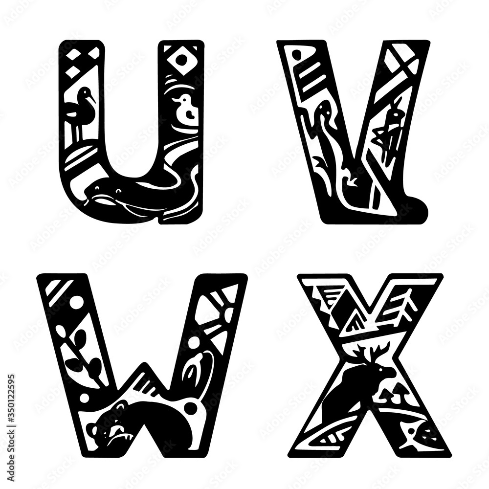 Capital letters with animals. The letters U, V, W, X. Catfish, duck ...