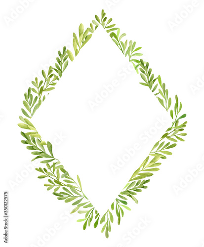 Watercolor green leaves rhombus shape frame. Hand drawn geometric template with tea tree plants isolated on white background. Painted herbs for invitation, card, save the date, wedding, print