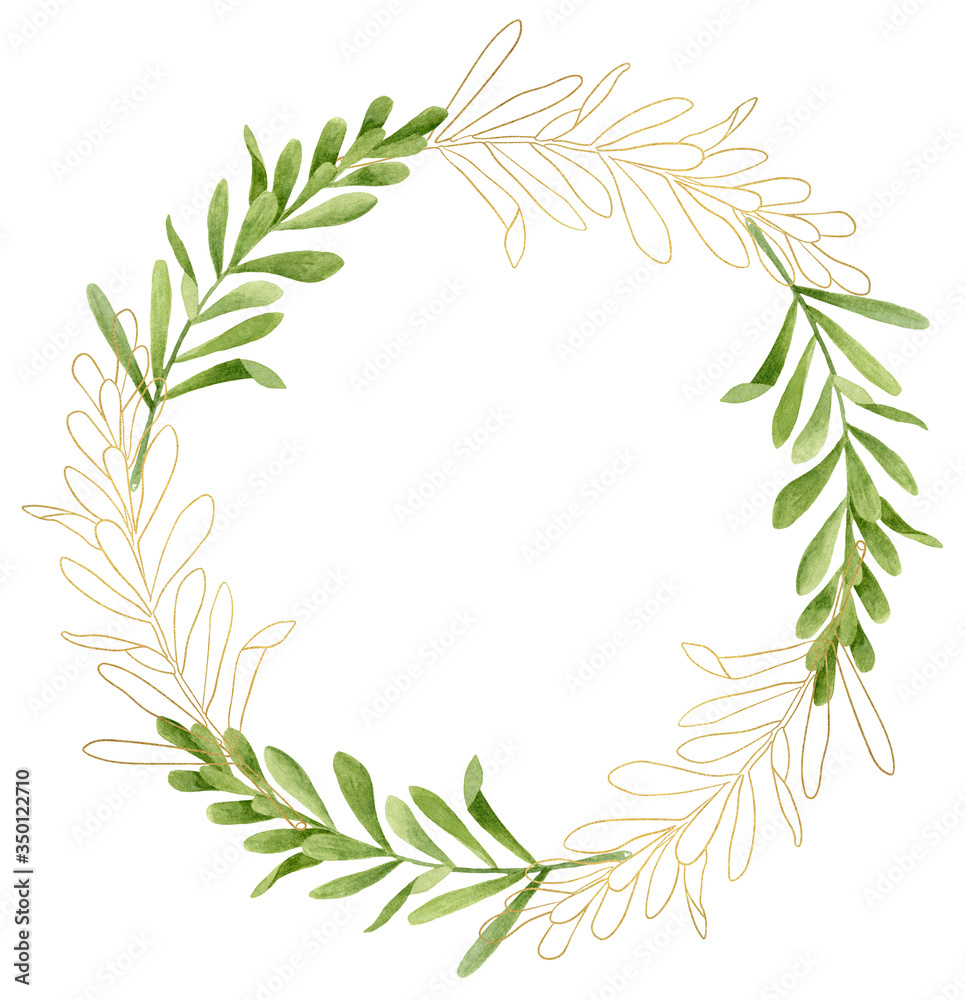 Watercolor tea tree leaves with golden contour wreath. Hand drawn illustration of Melaleuca. Round frame template with green plants isolated on white background. Herbs for cosmetics, invitation, card