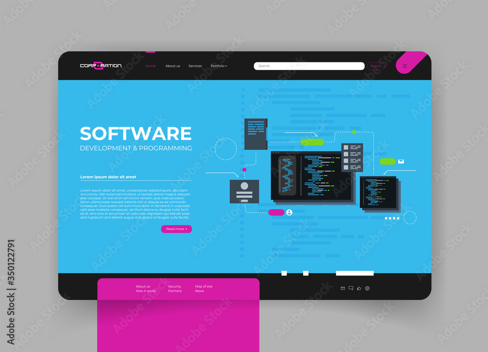 Software development and programming, program code on laptop screen, big data processing, computing isometric Software development and programming, program code on laptop screen, big data processing, computing isometric