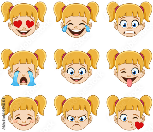 Emoji face expressions collection of a young blond girl with ponytails and blue eyes