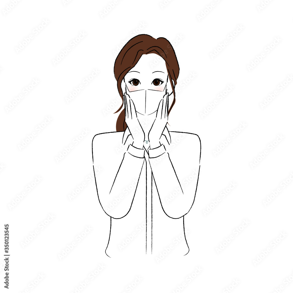 マスクをして頬に両手を添えるシャツを着た女性 マスクをして頬に両手を添えるシャツを着た女性