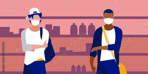 Men with masks in the supermarket in front of shelves vector design