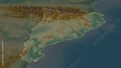 Cataluña, autonomous community with its capital, zoomed and extruded on the relief map of Spain in the conformal Stereographic projection. Animation 3D photo