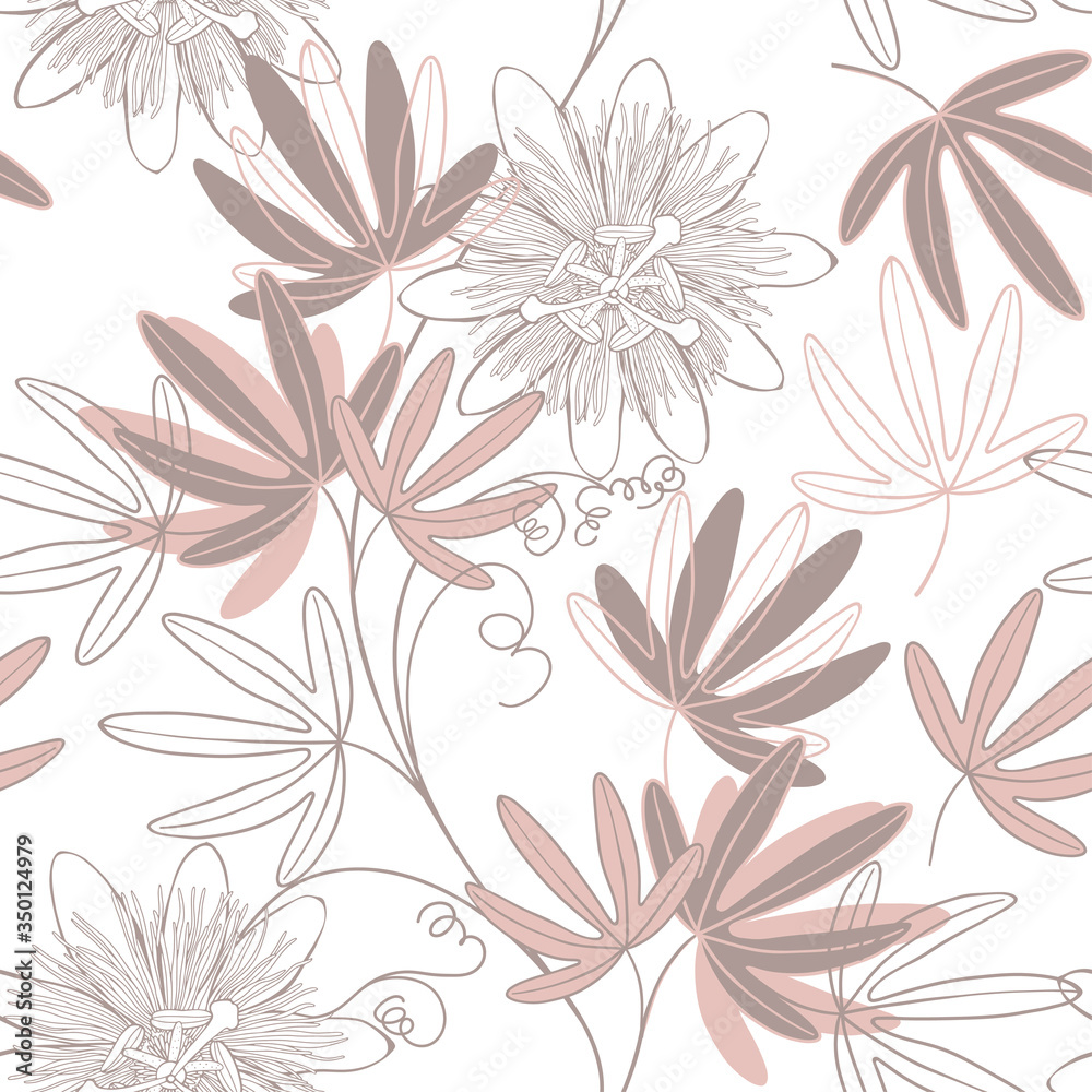 Seamless vector pattern with passionflowers. Nature background on white.