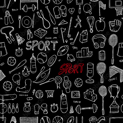 Sport doodle seamless background seamless pattern. Drawing illustration hand drawn vector on chalkboard eps10