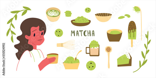 Different food options from matcha tea. Set for making a green drink. Cartoon girl drinks delicious organic tea. Vector illustration isolated on a white background.