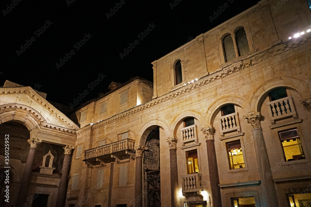 Exterior design and decoration of Diocletian's Palace at night,one of the best preserved monuments of the Roman architecture in the world- Split, Croatia