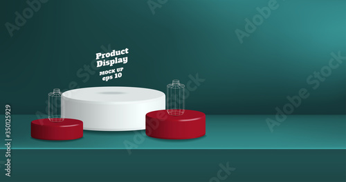 Vector product display background,Empty dark blue green gradient with white and red studio round kiosk stand on table, banner with copy space for display of product for promotion advertising